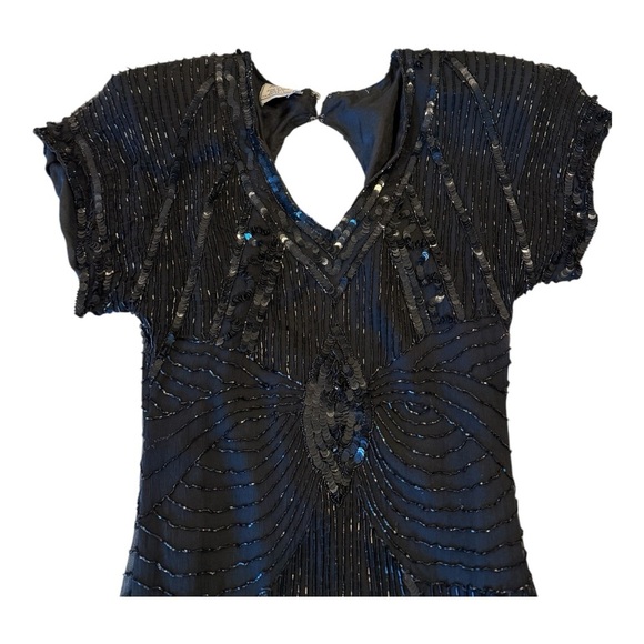 Stenay Vintage 80s Black Silk Beaded Sequin Midi Cocktail Party Small Gatsby - Picture 3 of 16